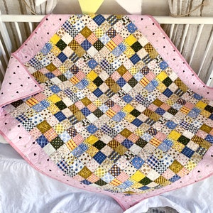 Baby Girl Wholecloth Quilt 41x48 – Pink Patchwork Baby Quilt, Modern Baby Girl Blanket, Cozy Quilt, Baby Shower Gift, Child’s Bedding