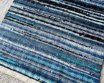 May include: A rectangular, woven rug with a striped pattern in shades of blue, gray, and black. The rug has a textured appearance and a cream-colored border along one edge. The stripes run horizontally across the rug.
