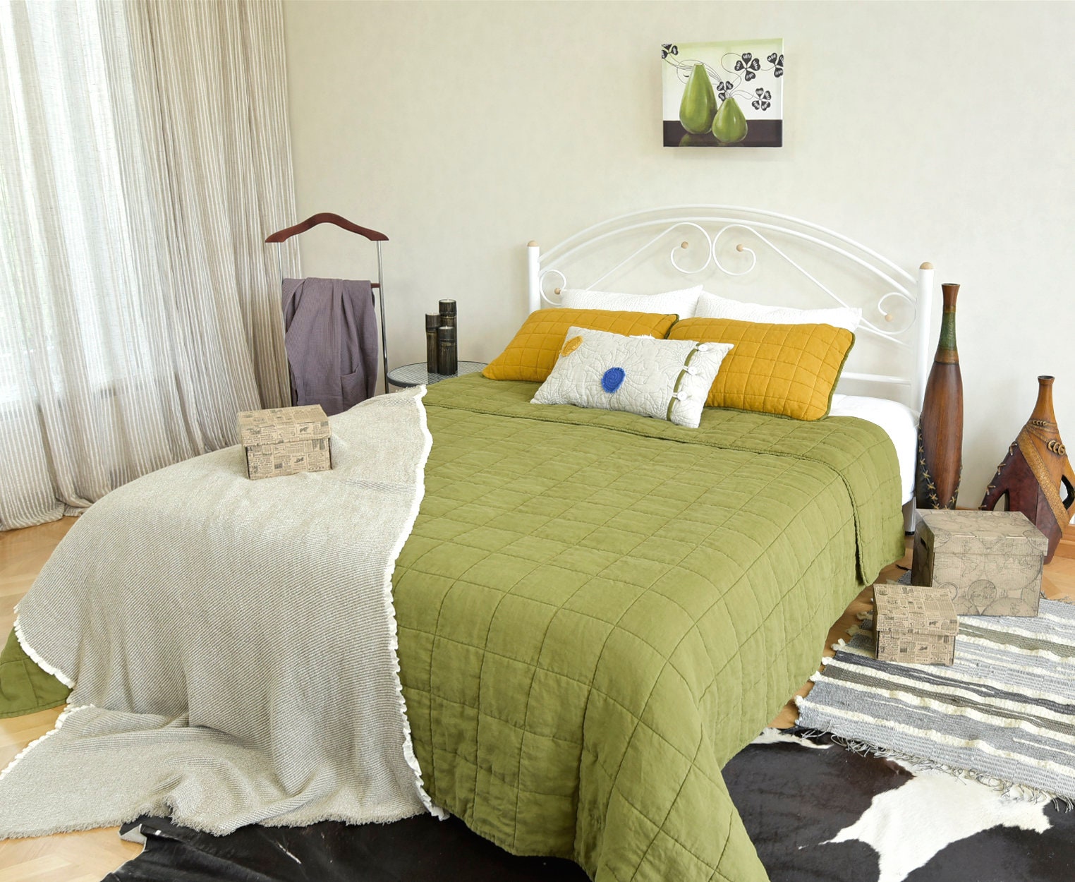 Linen Quilts King Size 10092inch Cover Olive Color Quilted Etsy