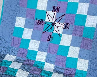 Compass Baby Quilt, Linen Patchwork Baby Blanket, 34x40 in