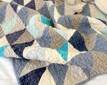 Linen Patchwork Baby Blanket, Natural Stonewashed Fabric, Quilted 38x38 in