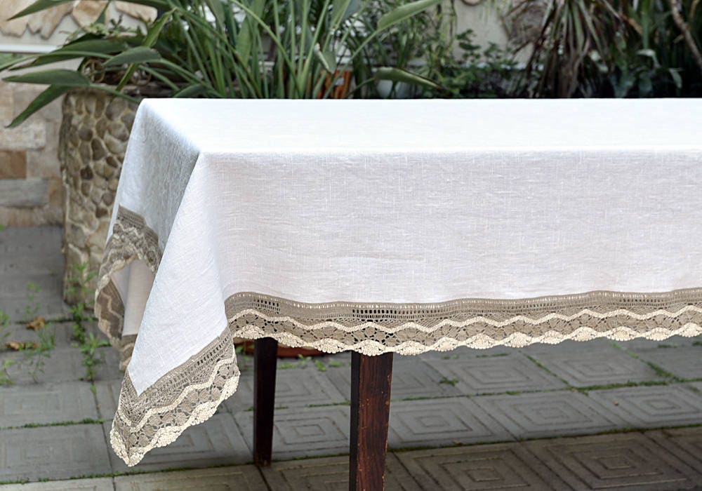 Linen tablecloth Cotton lace edge 104 120 140 84 inch large Etsy