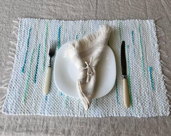 Handgewebte Leinen-Tischsets, 2er-Set, Weiß mit türkisfarbenen und mintfarbenen Streifen, rustikale Tischsets, 30 x 50 cm