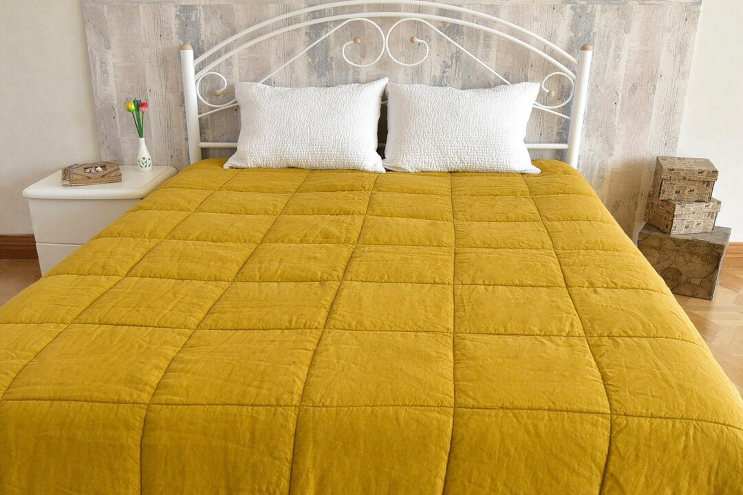 Linen Quilts King Size 11098 Inch, Natural Flax, Mustard Color, Quilted
