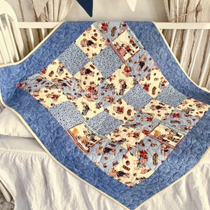 Patriotic Bear Patchwork Baby Quilt: Handmade Cotton Crib Blanket
