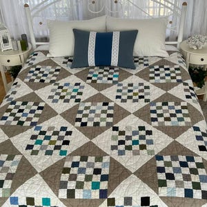 Linen Patchwork Quilt Queen Size – Stonewashed Blue Green Bedding Blanket