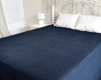 Linen Quilts 108"x96", Linen LIGHTweight Comforter, DoubleSided Darkblue Bedspread, Quilted StoneWashed, Organic Blanket Modern, Eco Quilt