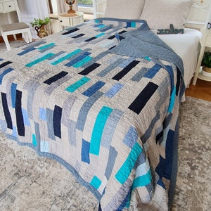 Modern Linen Patchwork Quilt, Blue Geometric Bedding, Reversible Stonewashed Linen