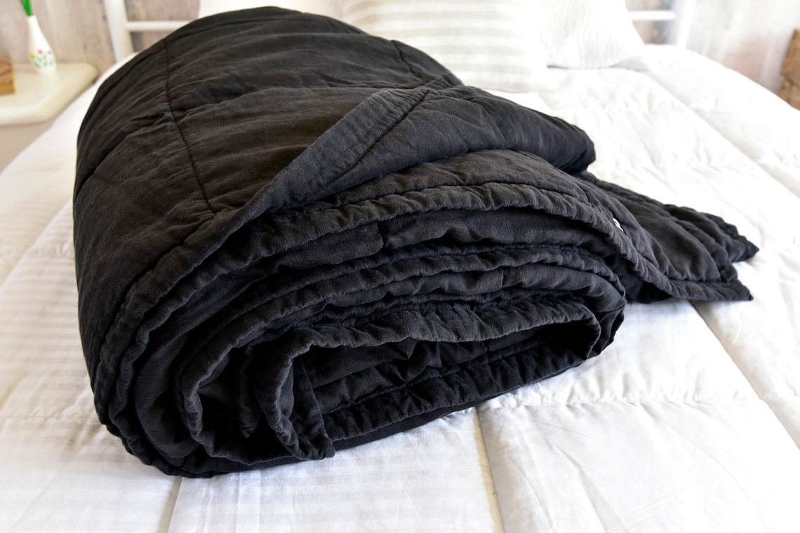 Linen Quilts King Size 118108in Natural Flax Black Quilted Etsy