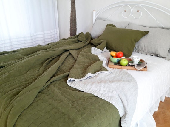 Oversized Linen Quilt, Extra Large Custom Bedding, Stonewashed Reversible Quilt, Made to Order