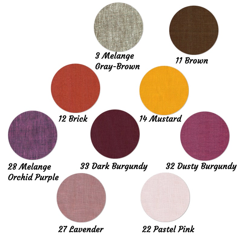 May include: A color chart of fabric swatches in various shades of brown, purple, pink, orange, and yellow. The swatches are labeled with numbers and names, such as "3 Melange Gray-Brown", "11 Brown", "12 Brick", "14 Mustard", "28 Melange Orchid Purple", "33 Dark Burgundy", "32 Dusty Burgundy", "27 Lavender", and "22 Pastel Pink".