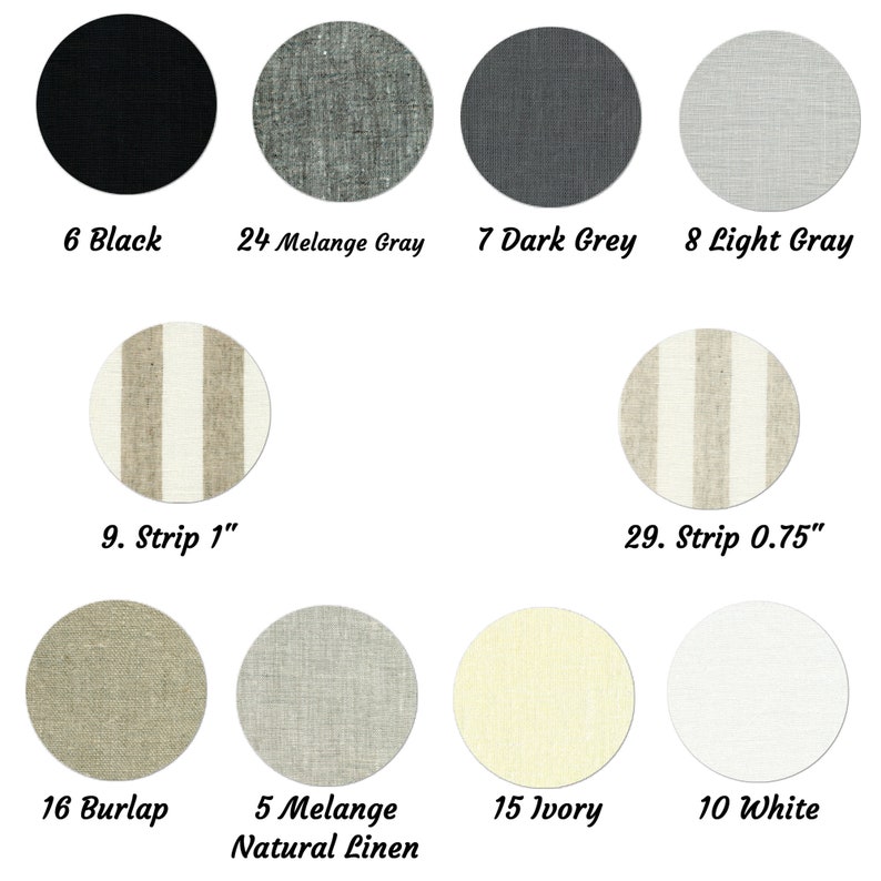 May include: A selection of fabric swatches in various colors and patterns, including black, gray, white, ivory, burlap, and striped patterns. The swatches are labeled with numbers and names, such as "6 Black", "24 Melange Gray", and "9. Strip 1".