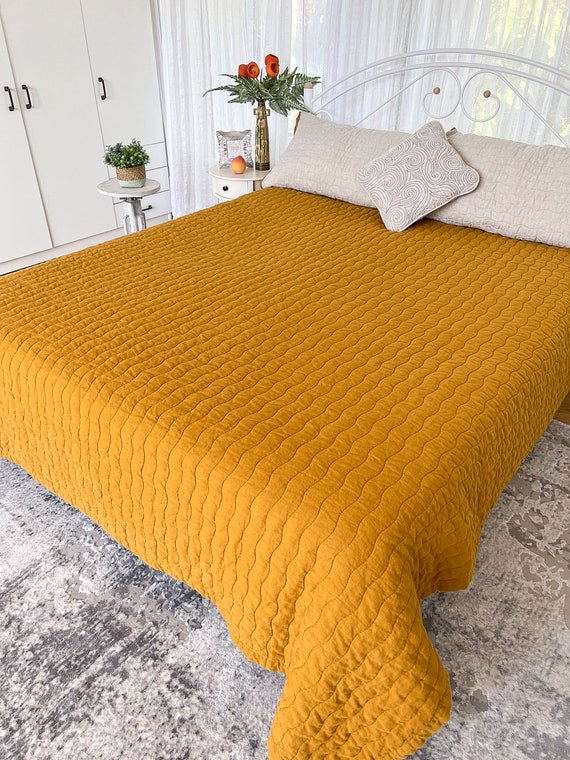 Linen Lightweight Quilt, Small Wave Quilting Design, Stonewashed Reversible Comforter, Custom Colors