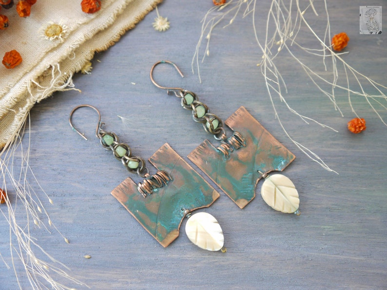 Artisan Jewelry Wire Earrings metalwork Copper Earrings Blue Crystals natural jewelry Earrings copper Metal Wire Wrapped Earrings