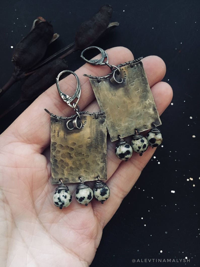 Square earrings nickel silver natural stones women brown stone landscape jasper original design texture metal birthday present girlfriend