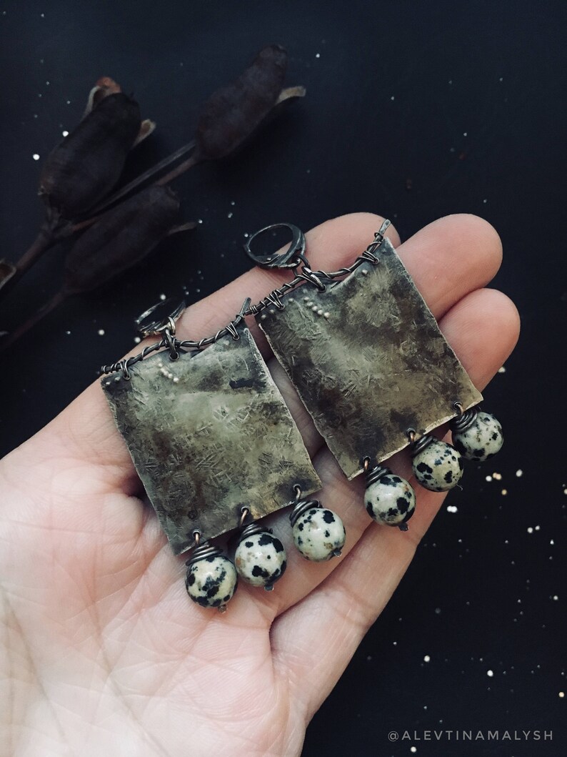 Square earrings nickel silver natural stones women brown stone landscape jasper original design texture metal birthday present girlfriend