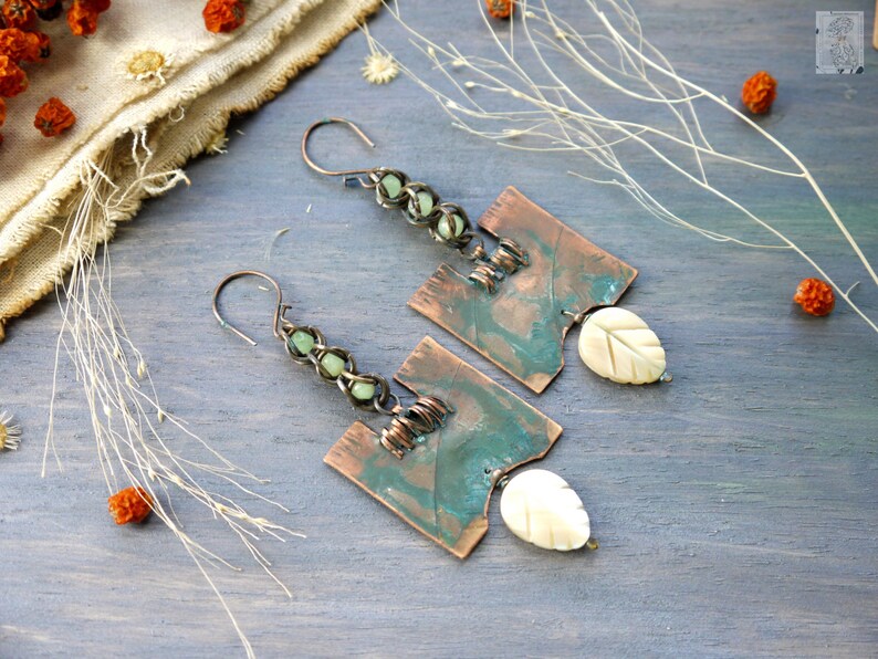 Artisan Jewelry Wire Earrings metalwork Copper Earrings Blue Crystals natural jewelry Earrings copper Metal Wire Wrapped Earrings