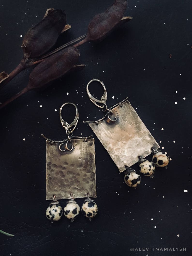 Square earrings nickel silver natural stones women brown stone landscape jasper original design texture metal birthday present girlfriend