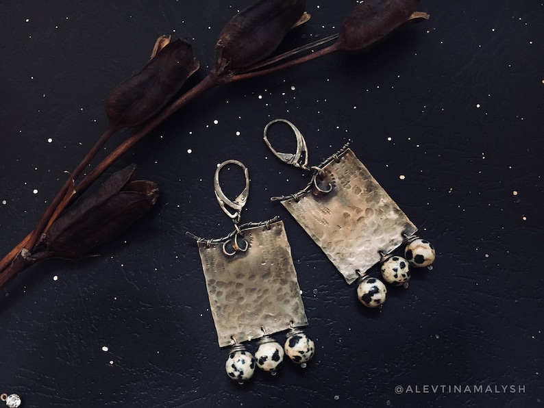 Square earrings nickel silver natural stones women brown stone landscape jasper original design texture metal birthday present girlfriend