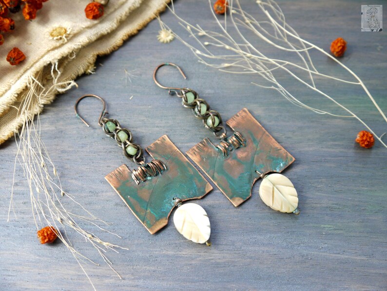Artisan Jewelry Wire Earrings metalwork Copper Earrings Blue Crystals natural jewelry Earrings copper Metal Wire Wrapped Earrings