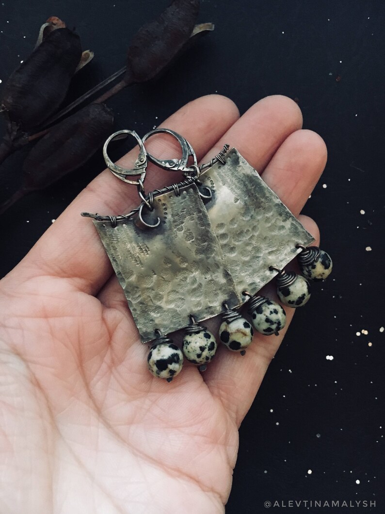 Square earrings nickel silver natural stones women brown stone landscape jasper original design texture metal birthday present girlfriend