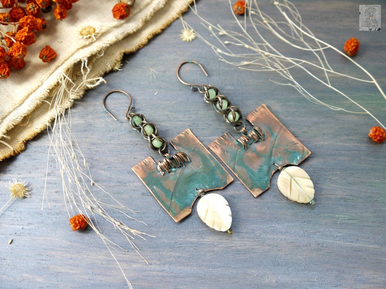 Artisan Jewelry Wire Earrings metalwork Copper Earrings Blue Crystals natural jewelry Earrings copper Metal Wire Wrapped Earrings