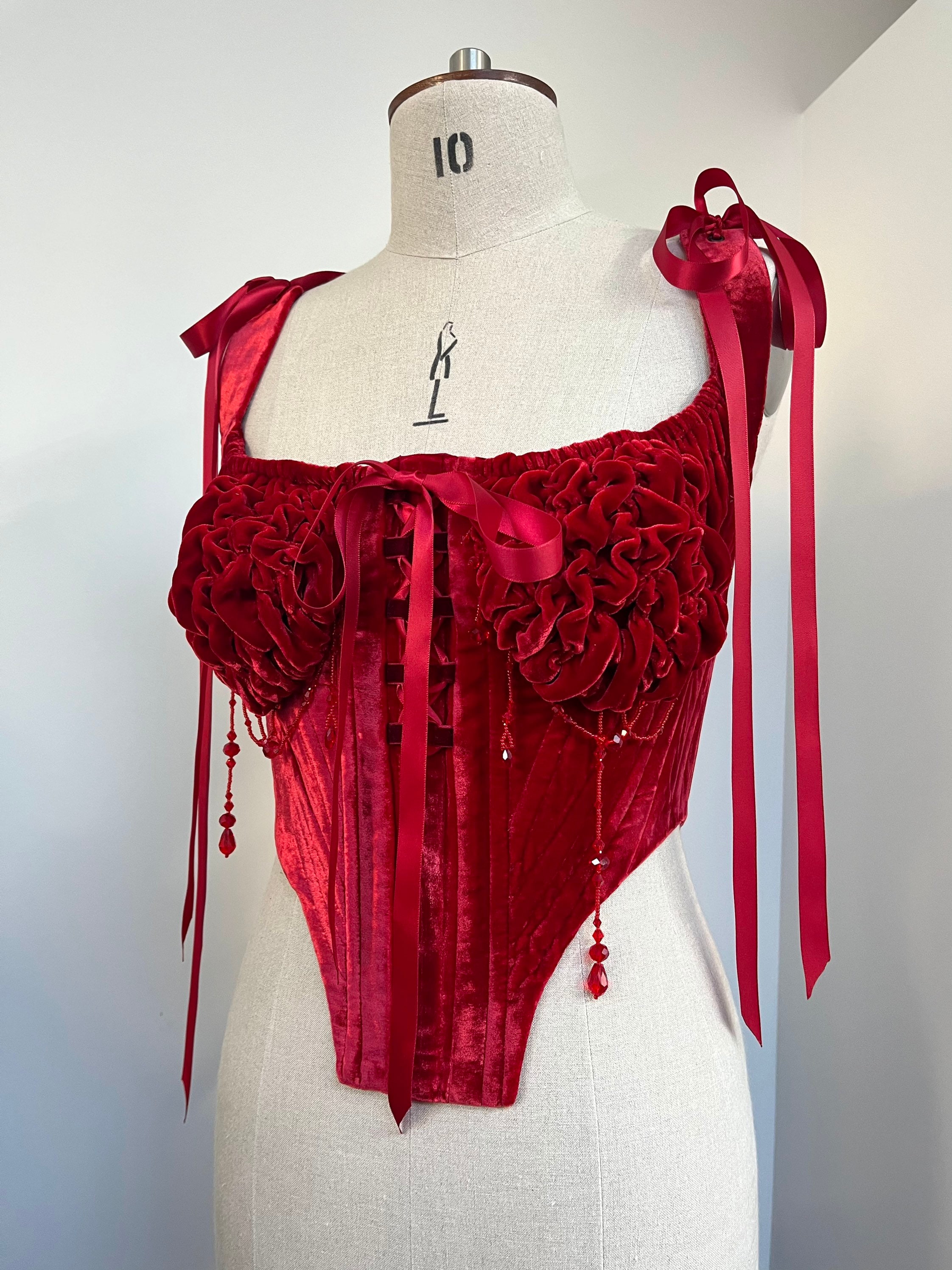 Bustier Escarlata , Velvet Bra, Victorian Bustier, Red Crop Top