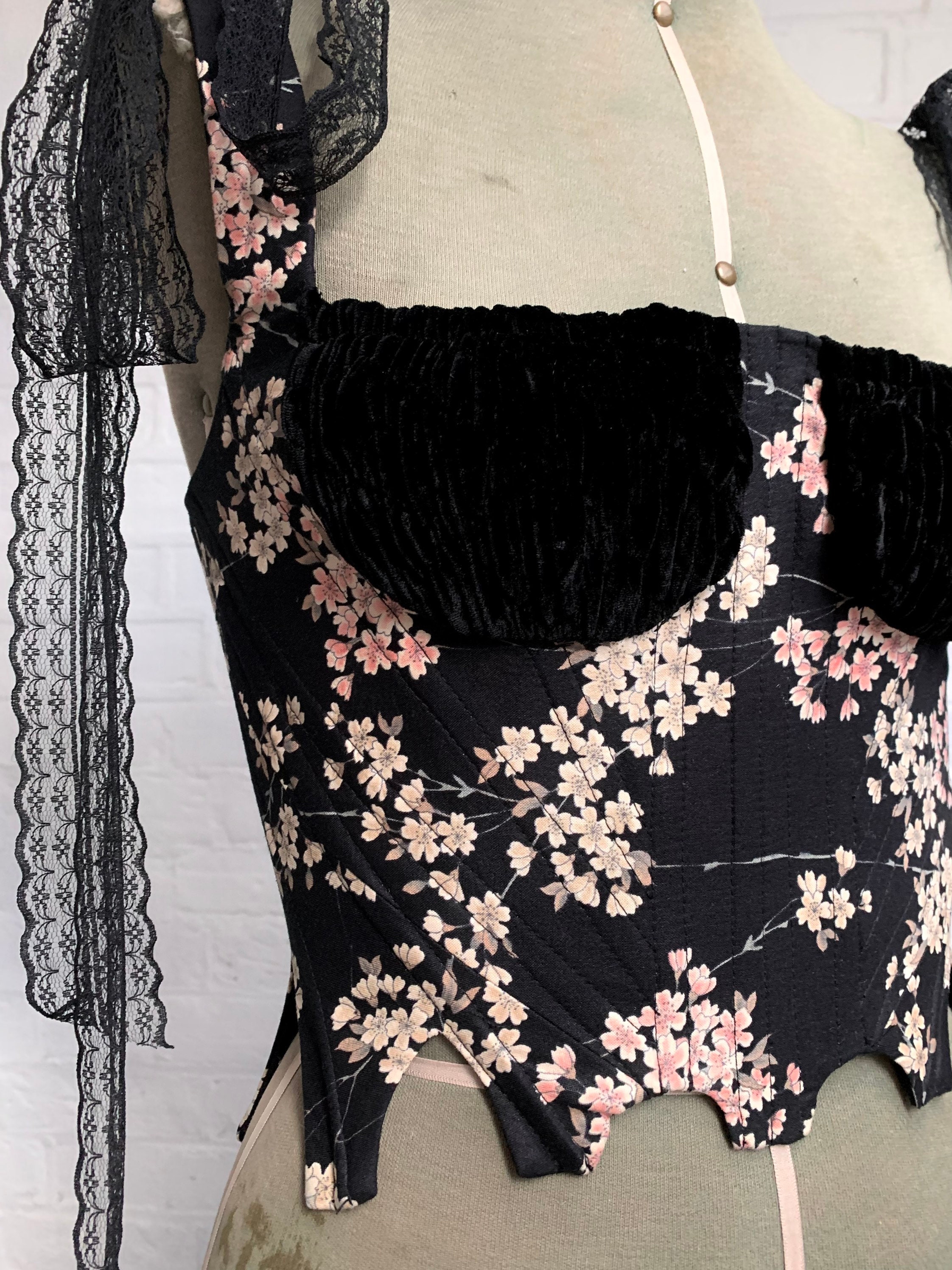 Black Cherry Blossom Corset Bustier made to Order - Etsy