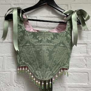Pearly Sage Brocade Corset (Made to Order)