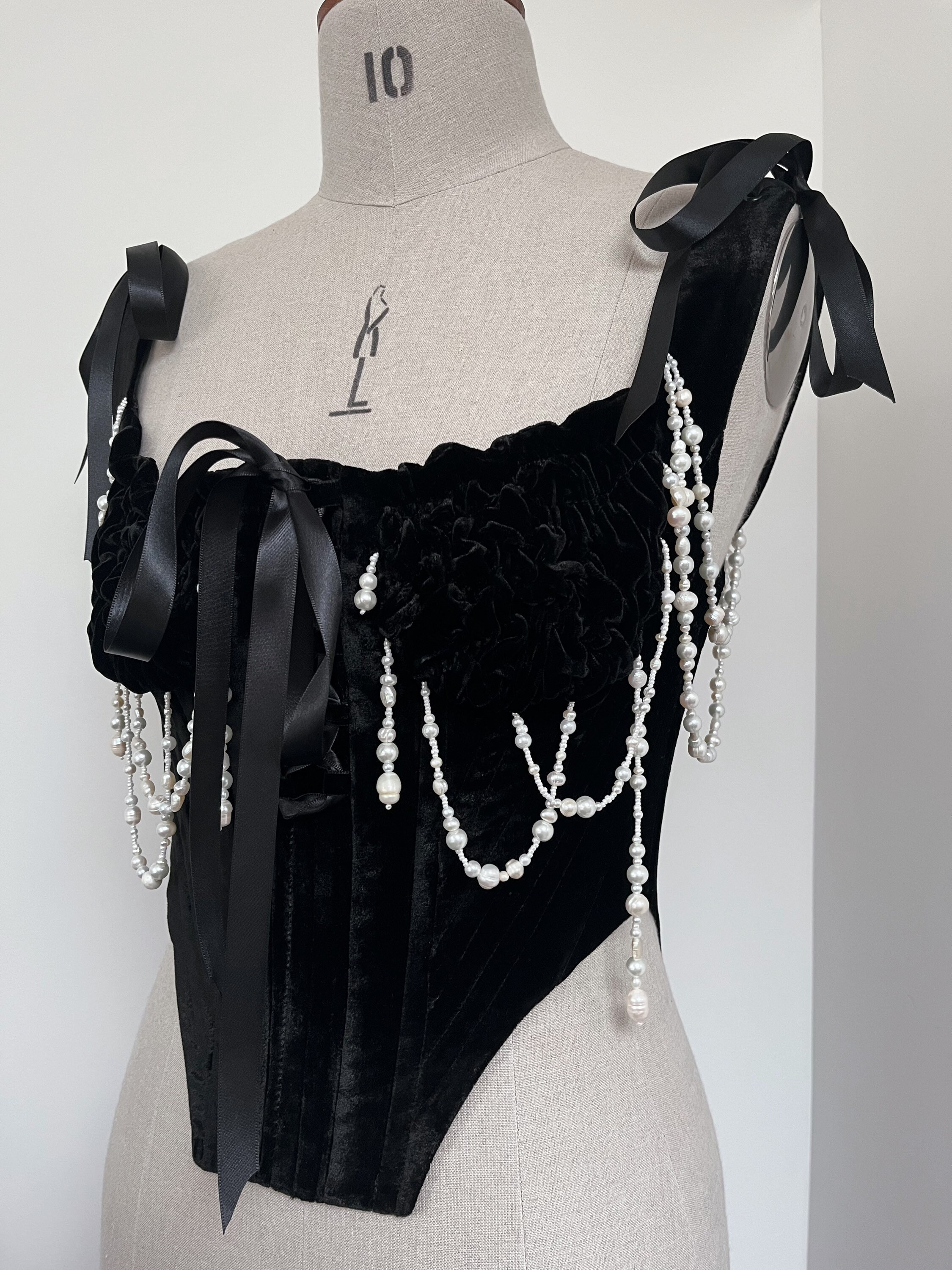 Immoral London Black Velvet & Pearl Corset Bustier (made to