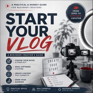 Op de afbeelding: Afbeelding die een beginnersgids voor vloggen promoot. De titel "Start Your Vlog" staat prominent in beeld. Een camera op een statief, een lichtbak met "Create Your Story" en een notitieblok met een checklist zijn ook zichtbaar. De gids belooft praktische adviezen en echte voorbeelden.
