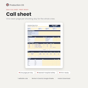 Peut inclure: Un modèle de feuille de service numérique de Production OS. Le document, affiché sur une tablette, présente une mise en page structurée avec des sections pour les détails de la production, le calendrier de tournage et les informations sur l'équipe. Le design est épuré et prêt à imprimer.