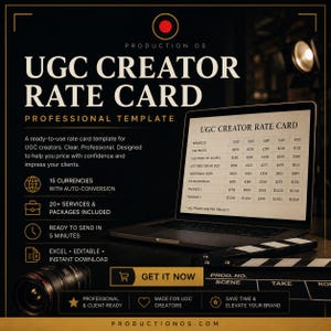 May include: A professional template for UGC creators, featuring a laptop displaying a rate card with currency conversions. The image includes a camera, a clapperboard, and the text "GET IT NOW".