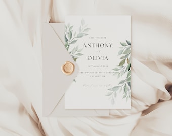 Modelo de convite de casamento com tema verde, convite de casamento editável, modelo para salvar a data, convite para salvar a data para impressão, download digital