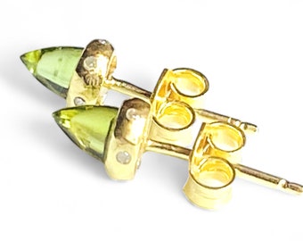 Vibrant Serenity: Dome Cut Peridot Minimalist Stud Earrings with Flush Set Diamonds in 925 Sterling Silver Vermeil Plating