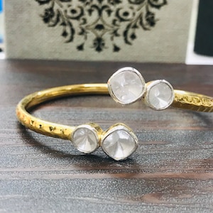 NATURAL Diamond Bangle, 14k Gold Diamond Bangle, Slice Cut Diamond Bangle, Bridal Wedding Bangle, Diamond Open Cuff Bangle.