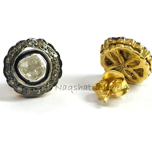 Pendientes de botón con diamantes, plata de ley 925, joyería para mujer, estilo vintage, acabado antiguo, regalo para el Día de la Madre, halo de diamantes, racimo.