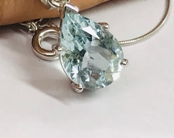 AQUAMARINE SIVER PENDANT, March Birthstone, Aqua Color Necklace, Tear Drop Blue Pendant, Gift for her.