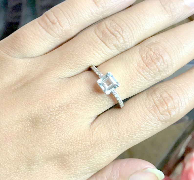 March Birthstone AQUAMARINE DIAMOND ENGAGEMENT Ring Sterling Silver Ring,Promise Ring for Her... Aquamarine Ring