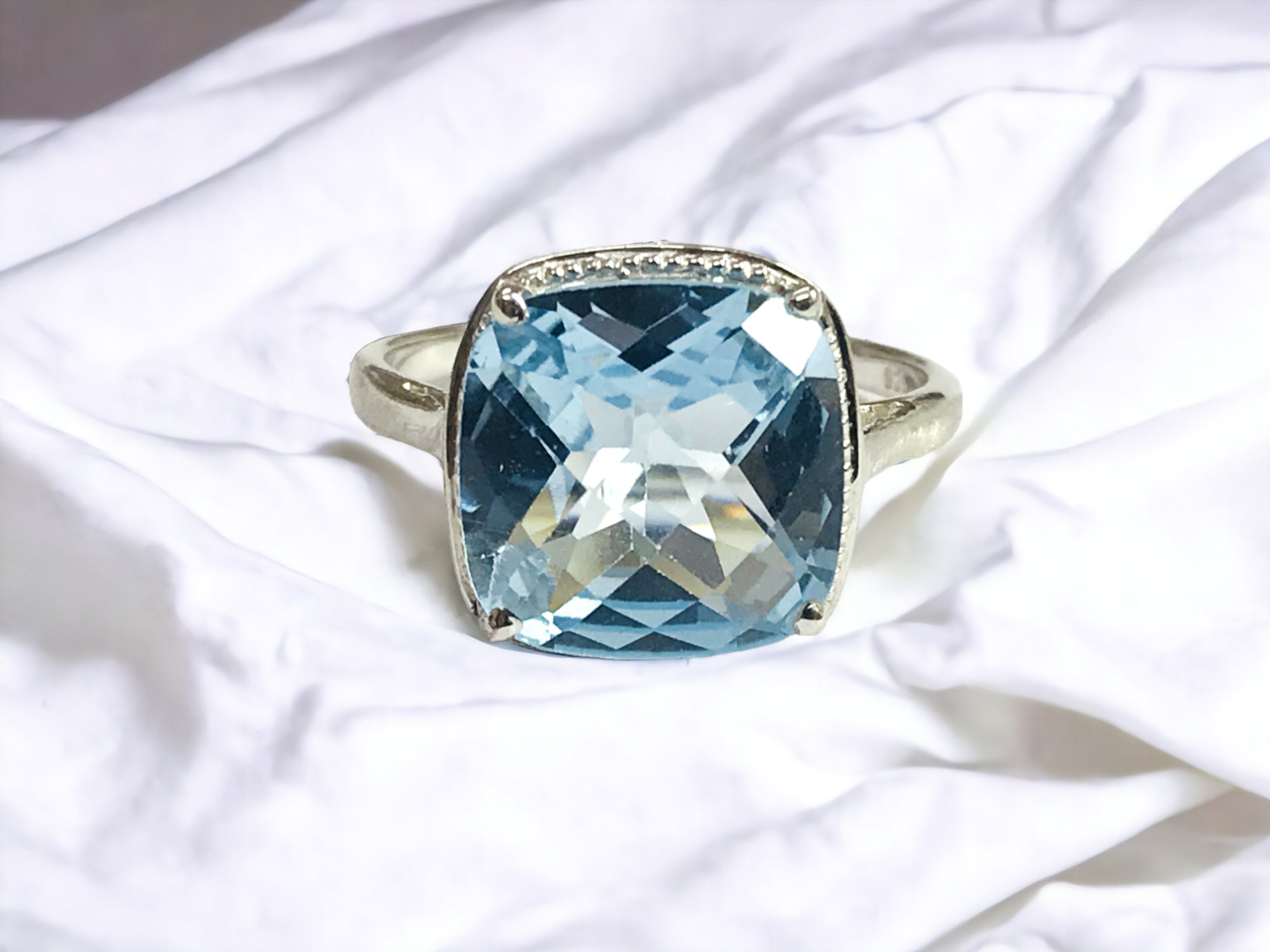Cushion Cut Blue Topaz Ring Handmade Sterling Silver, Rhodium Plated