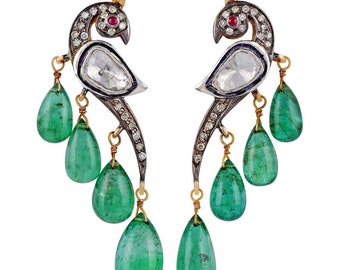 PEACOCK EARRINGS - Emerald Diamond Earring in Victorian Style , Emerald drops , 925 Sterling silver, , May Birthstone ,Gift for Her