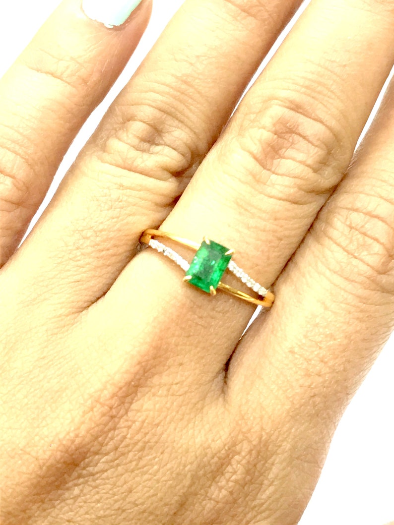 Emerald Engagement Ring Mothers day gift .. DAINTY EMERALD DIAMOND 14K Gold Ring Emerald cut Octogon May Birthstone Stackable Ring