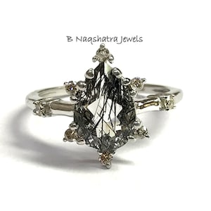 BLACK RUTILIATED QUARTZ  Engagement Ring, Anniversary gift, Super Fine Rutile Quartz , Gemini & Taurus Gems, Zodiac Ring.