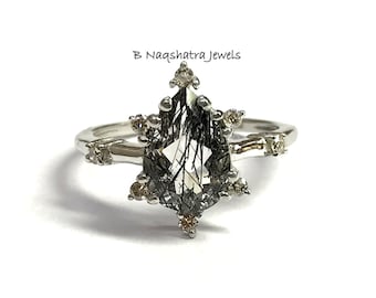 Black Rutilated Quartz Diamond Ring: Pear Sterling Silver Engagement Ring