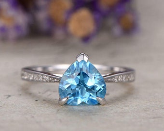 BLUE TOPAZ Ring, DIAMOND Accent Engagement ring, Solid 14k White gold, Promise ring for her, Wedding ring.