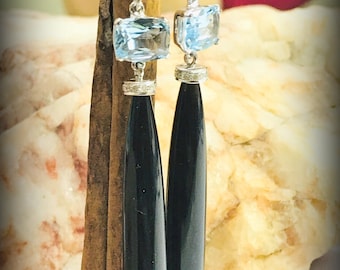 BLACK ONYX DANGLE Earrings, Blue Topaz , Long drop Black Onyx Earrings, Black Earrings, Christmas Gift For love.