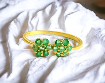 Delicate Bloom Ring: Stackable Matte Gold & Emerald Flower (2mm) , May Birthstone, 925 Sterling silver-18k gold vermeil plating.