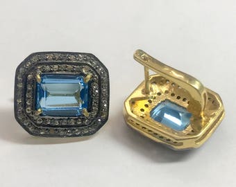 Pendientes de diamantes con topacio azul / Pendientes en racimo / Pendientes de forma octogonal con topacio azul suizo en plata de ley 925 / Pendientes tipo botón para mujer /
