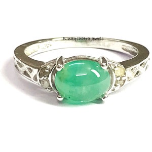 Cabochon Emerald Ring: Sterling Silver, Diamond Accent, May Birthstone