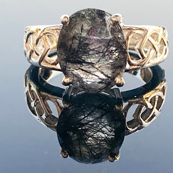 Black Rutilated Celtic Knots Ring in 925 Sterling Silver - Unique Handcrafted Jewelry - Black Tourmaline Ring.